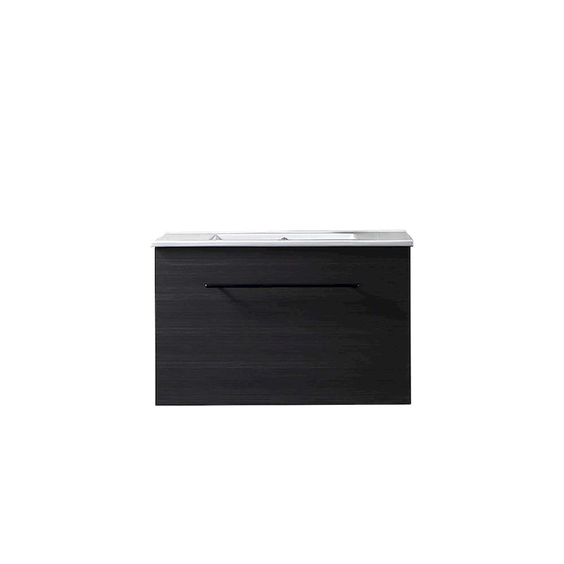 Meuble-lavabo autoportant de 32 po en MDF noir avec lavabo intégré en céramique, une porte et trois tiroirs