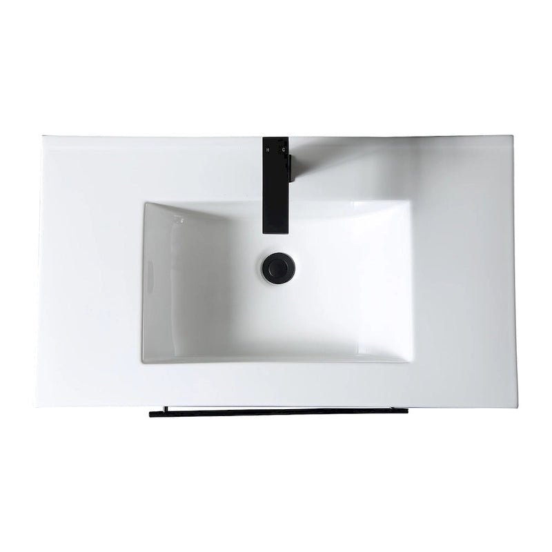 Meuble-lavabo autoportant de 32 po en MDF noir avec lavabo intégré en céramique, une porte et trois tiroirs