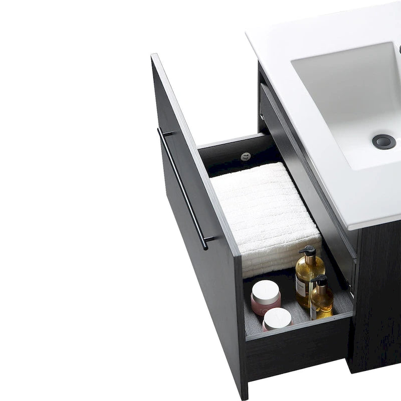 Meuble-lavabo autoportant de 32 po en MDF noir avec lavabo intégré en céramique, une porte et trois tiroirs