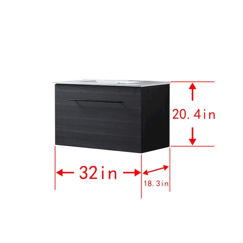 Meuble-lavabo autoportant de 32 po en MDF noir avec lavabo intégré en céramique, une porte et trois tiroirs