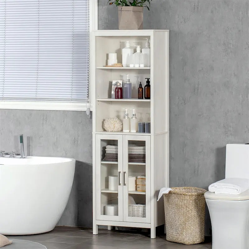 Meuble de salle de bain blanc haut sur pied avec portes vitrées et étagères ouvertes