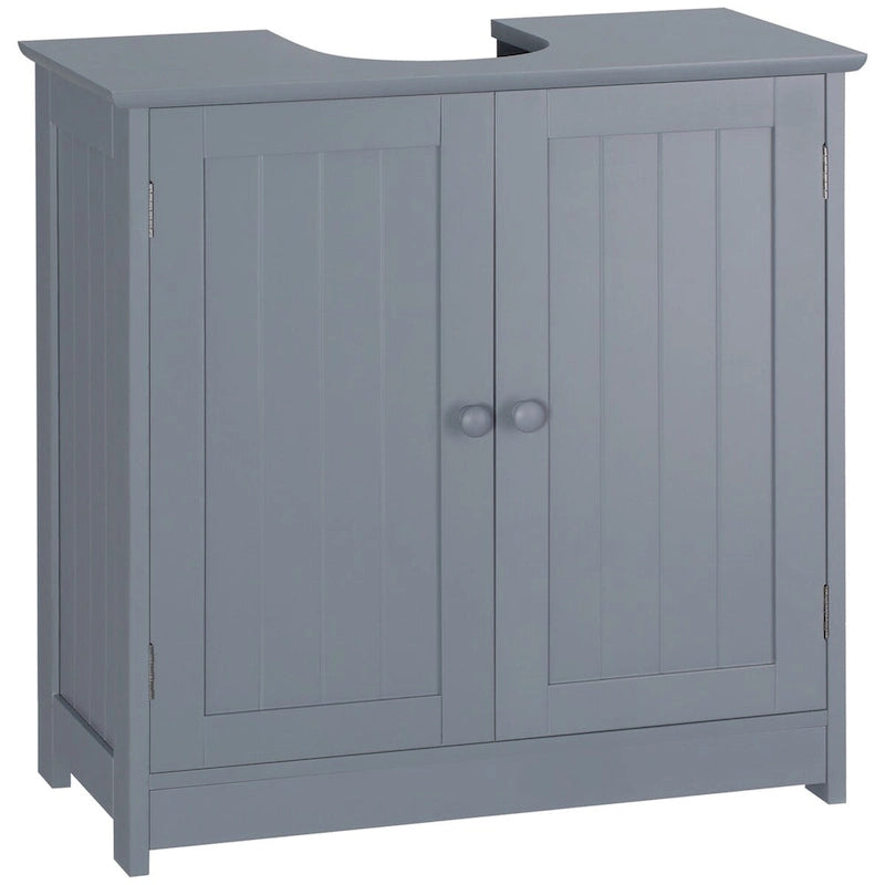 Meuble bas de salle de bain gris sous évier avec 2 portes et étagère réglable