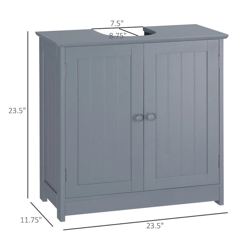 Meuble bas de salle de bain gris sous évier avec 2 portes et étagère réglable