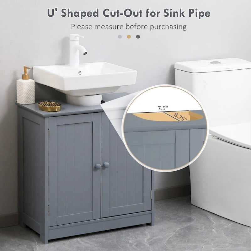 Meuble bas de salle de bain gris sous évier avec 2 portes et étagère réglable
