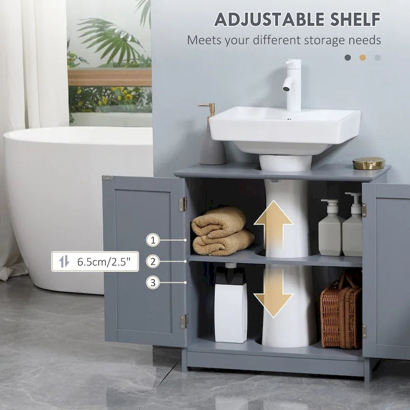 Meuble bas de salle de bain gris sous évier avec 2 portes et étagère réglable