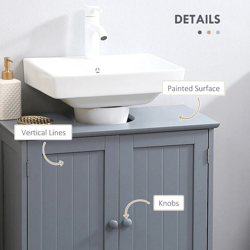 Meuble bas de salle de bain gris sous évier avec 2 portes et étagère réglable