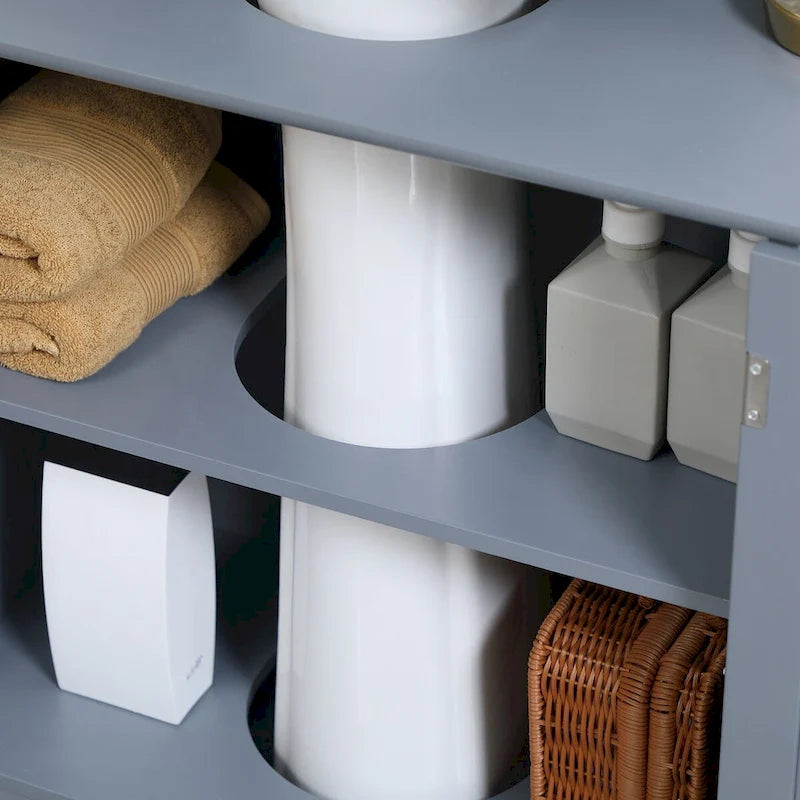 Meuble bas de salle de bain gris sous évier avec 2 portes et étagère réglable