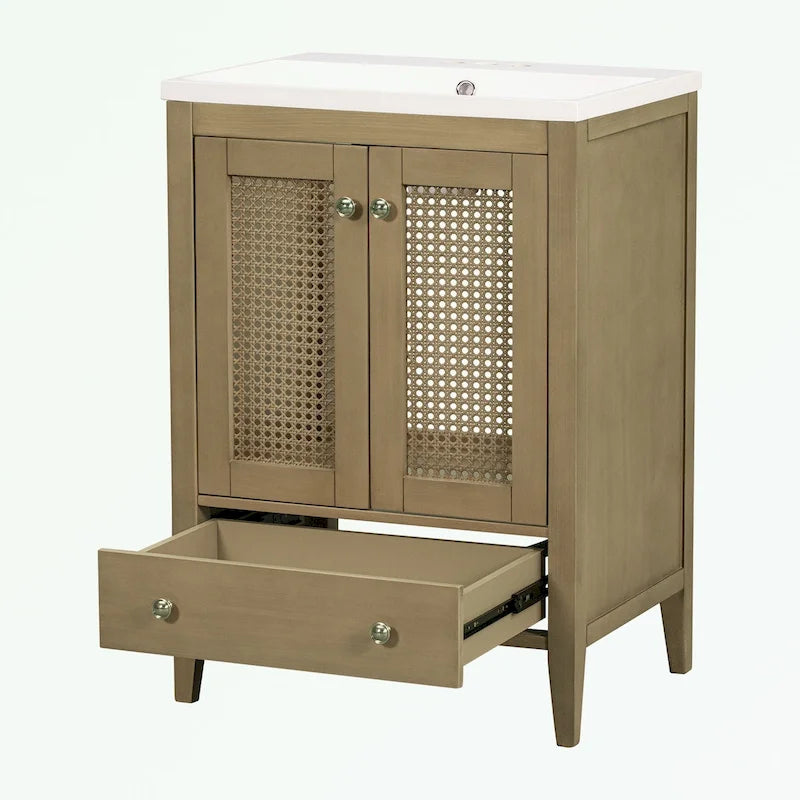 Meuble-lavabo de salle de bain en rotin naturel à 2 portes avec lavabo en céramique et tiroir inférieur