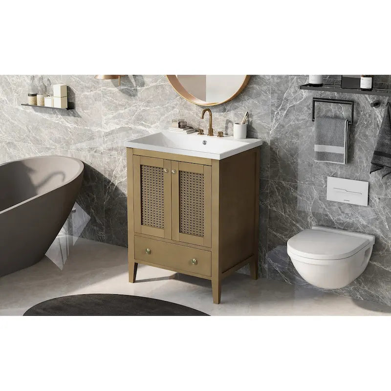 Meuble-lavabo de salle de bain en rotin naturel à 2 portes avec lavabo en céramique et tiroir inférieur