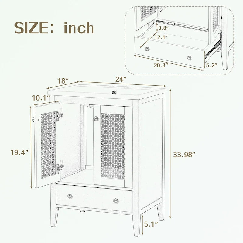 Meuble-lavabo de salle de bain en rotin naturel à 2 portes avec lavabo en céramique et tiroir inférieur