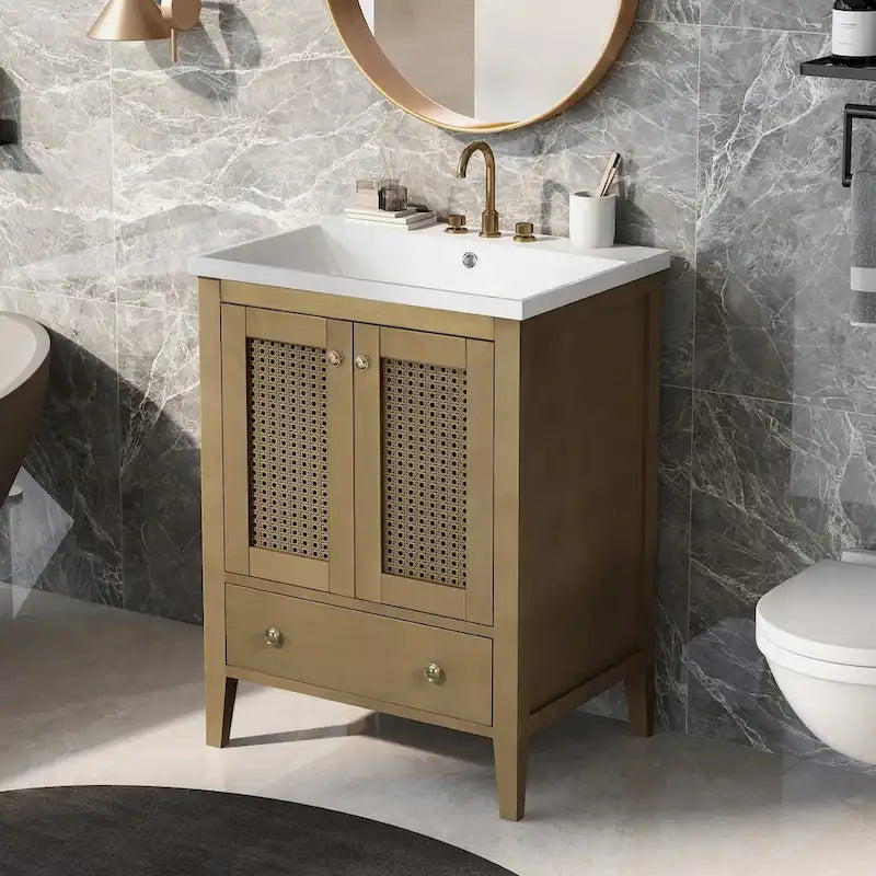 Meuble-lavabo de salle de bain en rotin naturel à 2 portes avec lavabo en céramique et tiroir inférieur