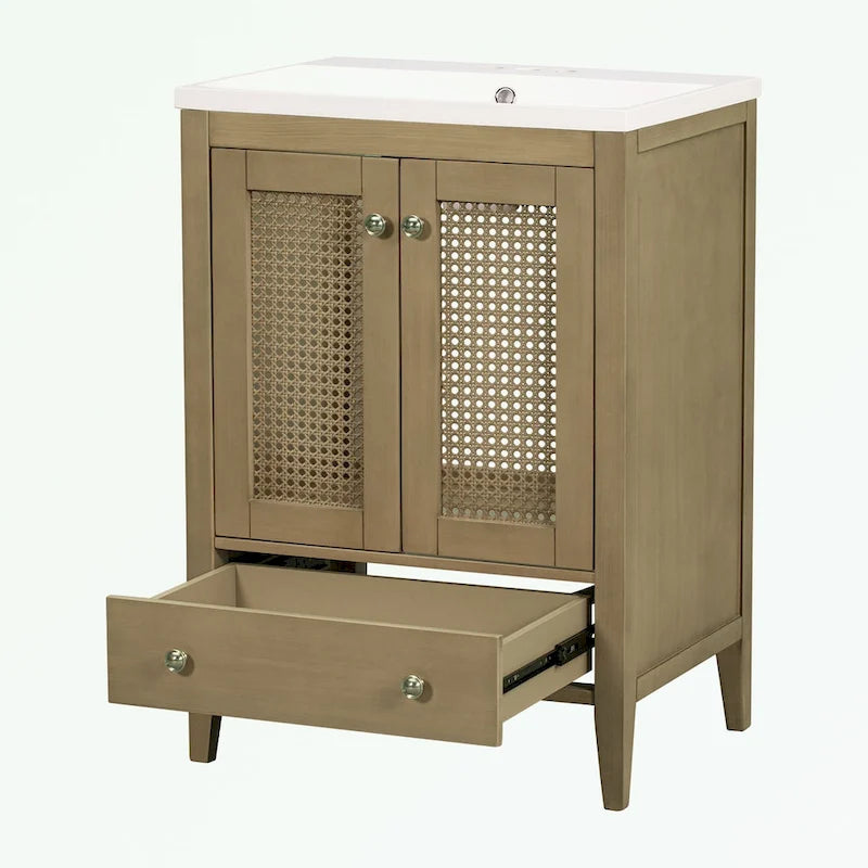 Meuble-lavabo de salle de bain en rotin naturel à 2 portes avec lavabo en céramique et tiroir inférieur