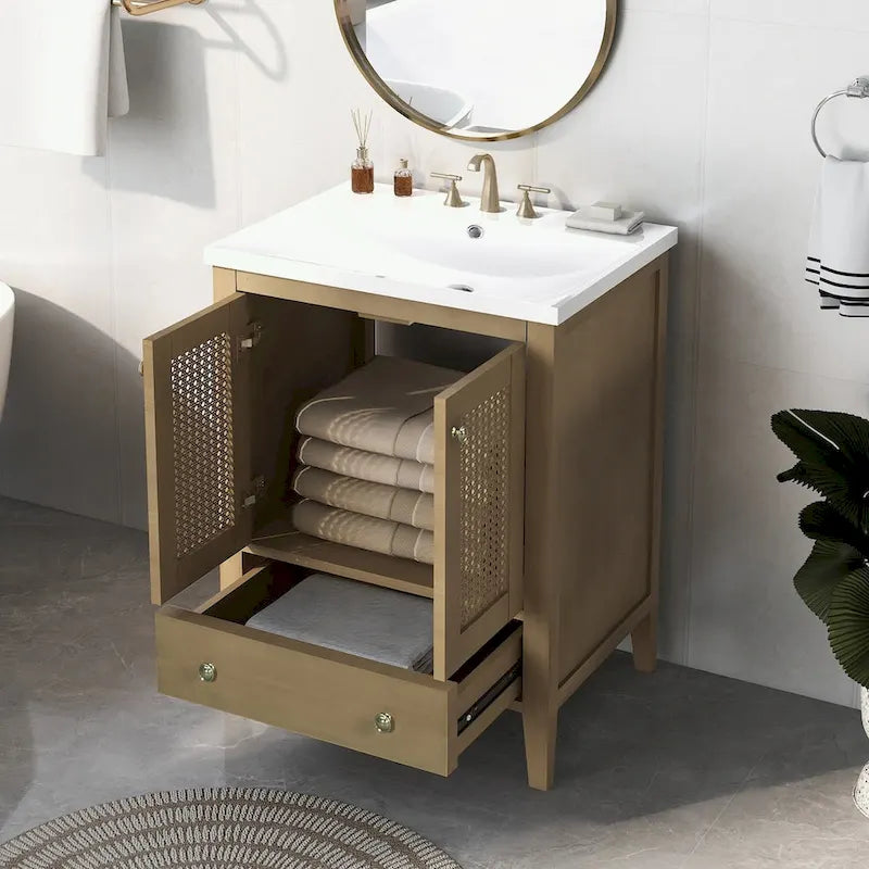 Meuble-lavabo de salle de bain en rotin naturel à 2 portes avec lavabo en céramique et tiroir inférieur