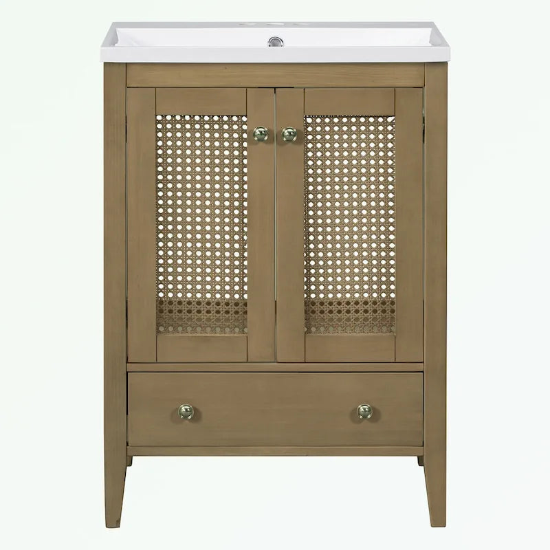 Meuble-lavabo de salle de bain en rotin naturel à 2 portes avec lavabo en céramique et tiroir inférieur