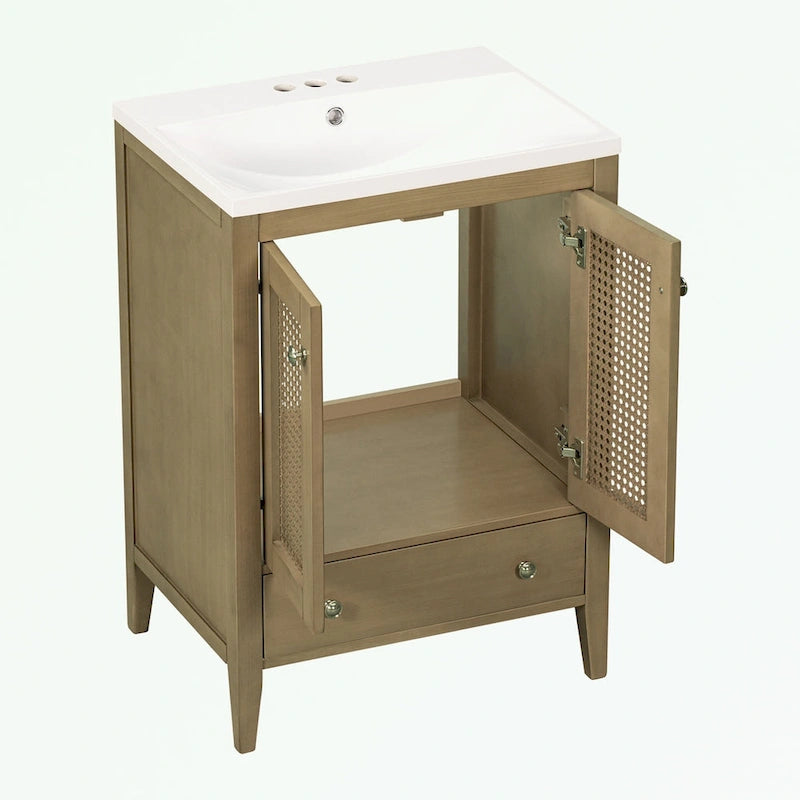 Meuble-lavabo de salle de bain en rotin naturel à 2 portes avec lavabo en céramique et tiroir inférieur