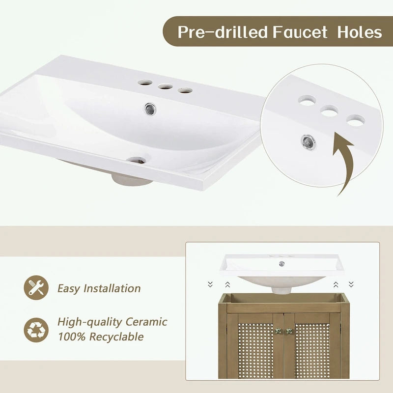Meuble-lavabo de salle de bain en rotin naturel à 2 portes avec lavabo en céramique et tiroir inférieur