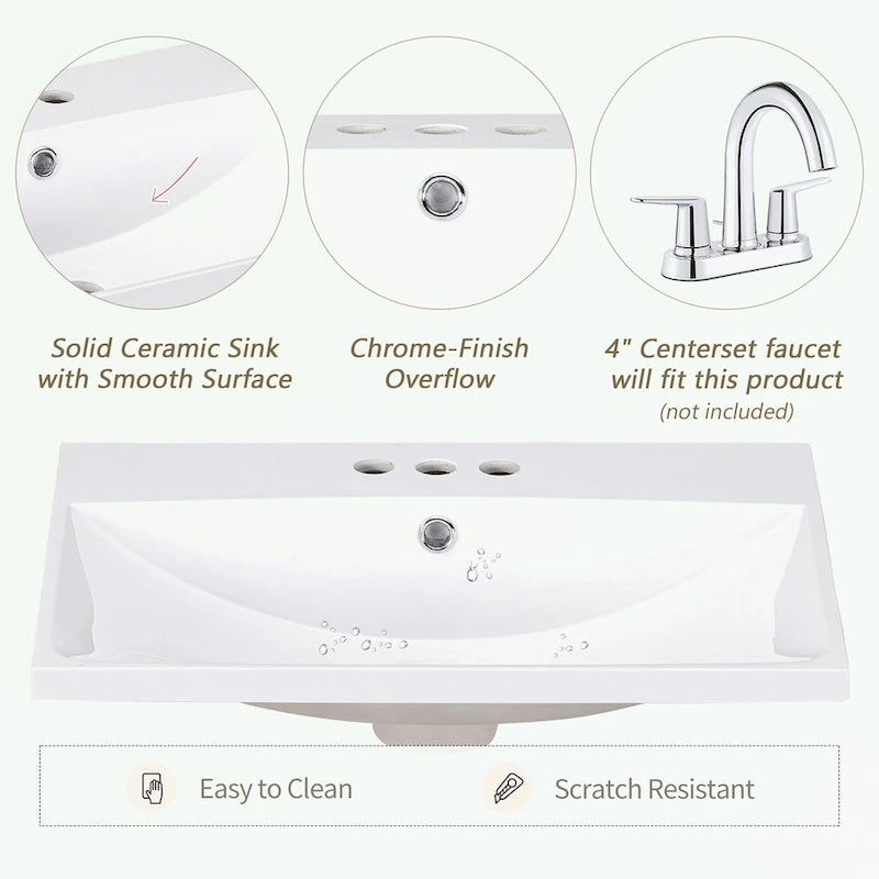 Meuble-lavabo de salle de bain en rotin naturel à 2 portes avec lavabo en céramique et tiroir inférieur