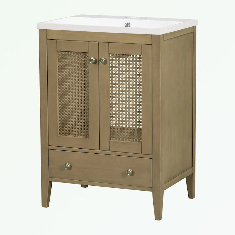 Meuble-lavabo de salle de bain en rotin naturel à 2 portes avec lavabo en céramique et tiroir inférieur