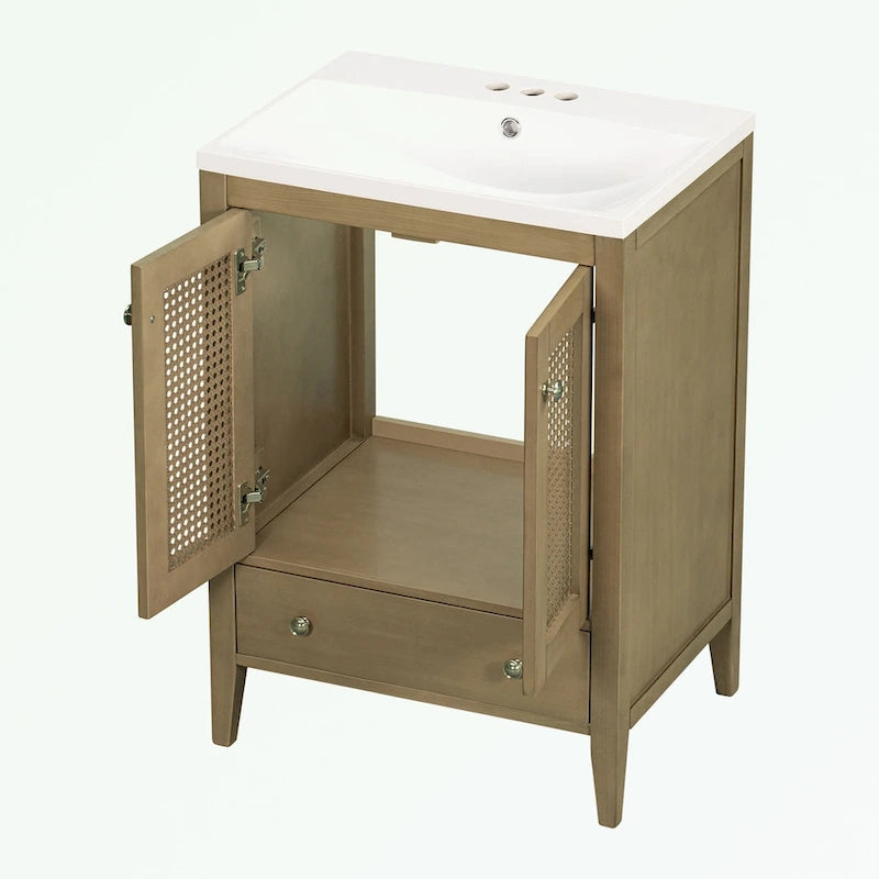 Meuble-lavabo de salle de bain en rotin naturel à 2 portes avec lavabo en céramique et tiroir inférieur