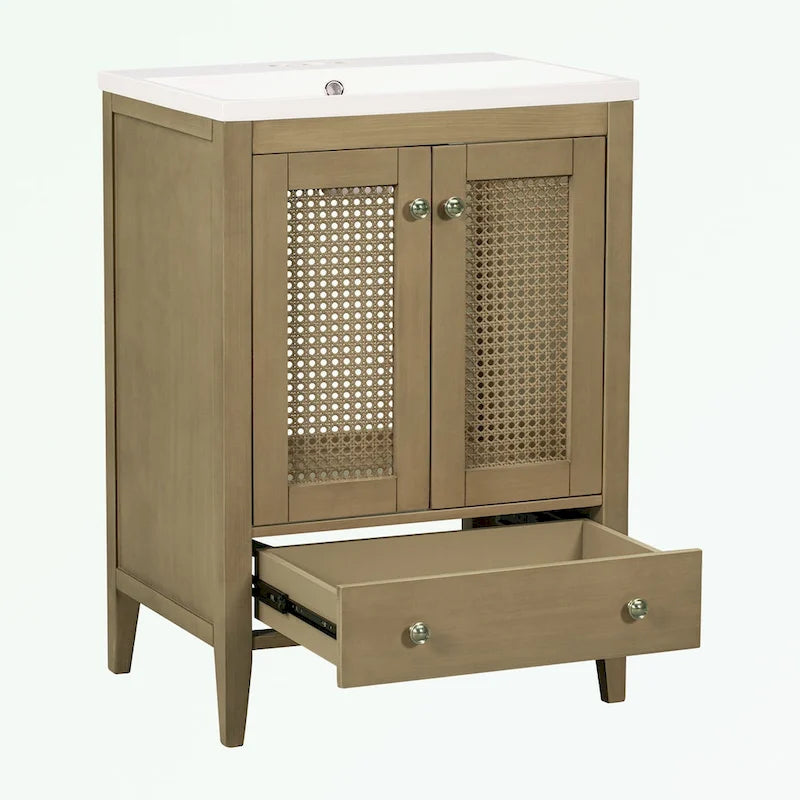 Meuble-lavabo de salle de bain en rotin naturel à 2 portes avec lavabo en céramique et tiroir inférieur