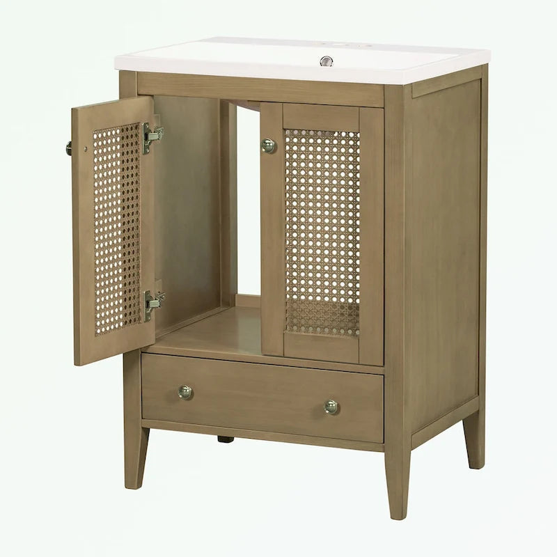 Meuble-lavabo de salle de bain en rotin naturel à 2 portes avec lavabo en céramique et tiroir inférieur