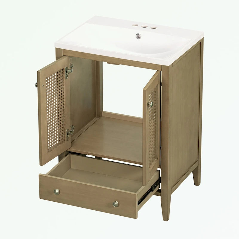 Meuble-lavabo de salle de bain en rotin naturel à 2 portes avec lavabo en céramique et tiroir inférieur