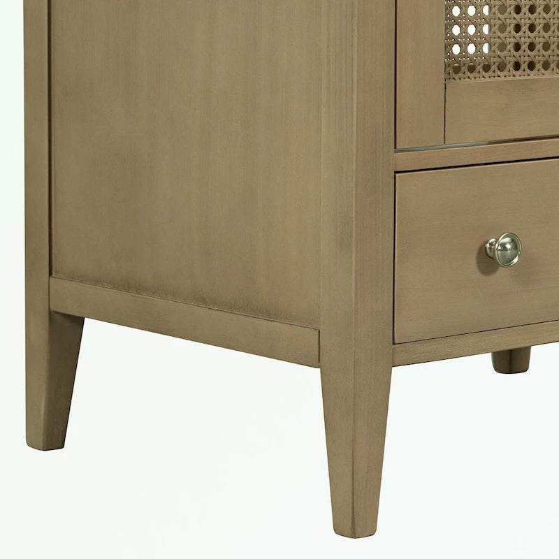 Meuble-lavabo de salle de bain en rotin naturel à 2 portes avec lavabo en céramique et tiroir inférieur