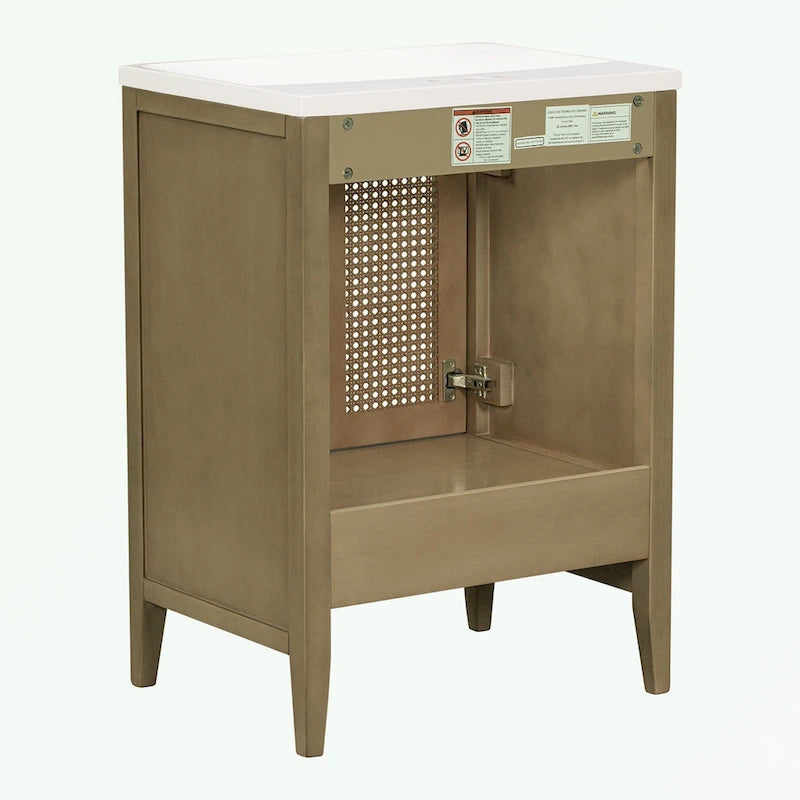 Meuble-lavabo de salle de bain en rotin naturel à 2 portes avec lavabo en céramique et tiroir inférieur
