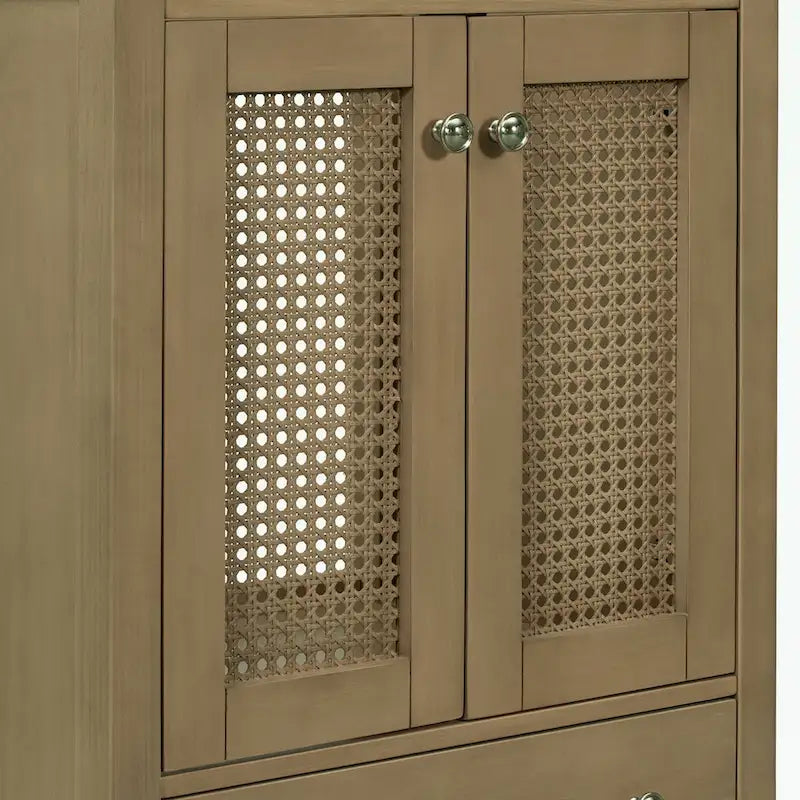 Meuble-lavabo de salle de bain en rotin naturel à 2 portes avec lavabo en céramique et tiroir inférieur