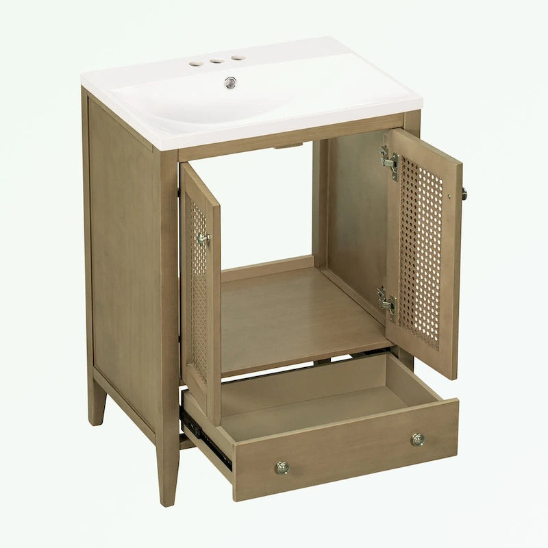 Meuble-lavabo de salle de bain en rotin naturel à 2 portes avec lavabo en céramique et tiroir inférieur
