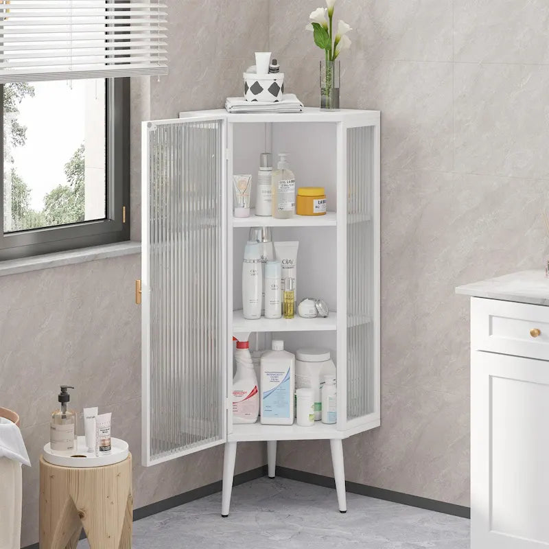 Meuble d'angle bas avec porte en verre trempé nervuré et 3 étagères intérieures