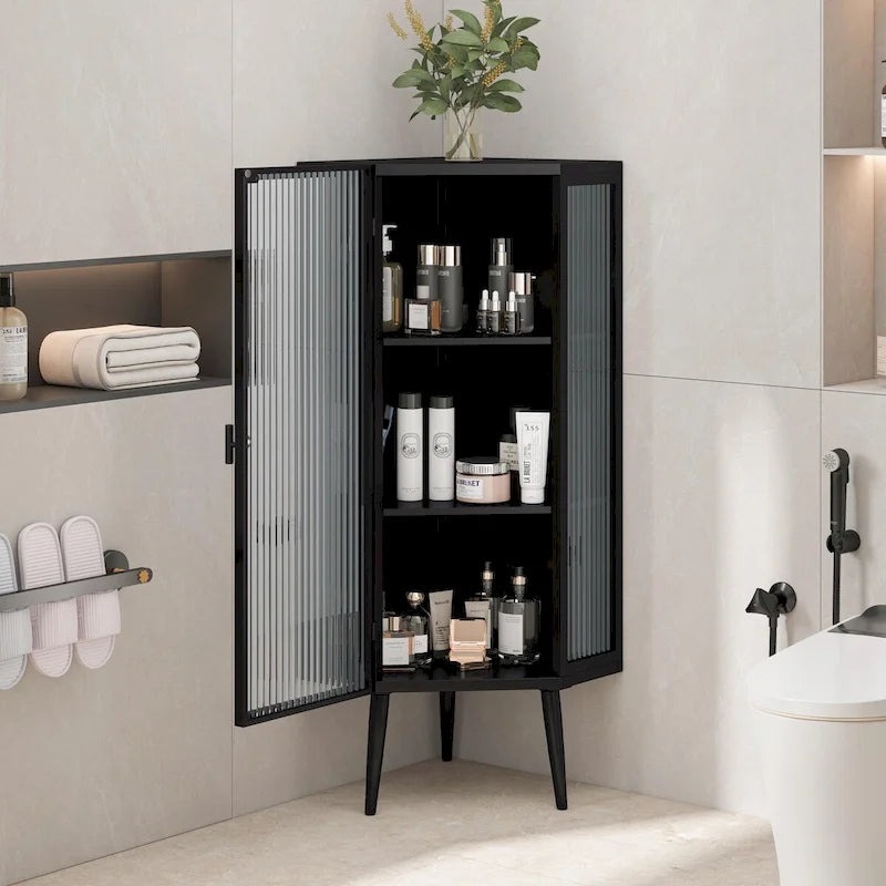 Meuble d'angle bas avec porte en verre trempé nervuré et 3 étagères intérieures