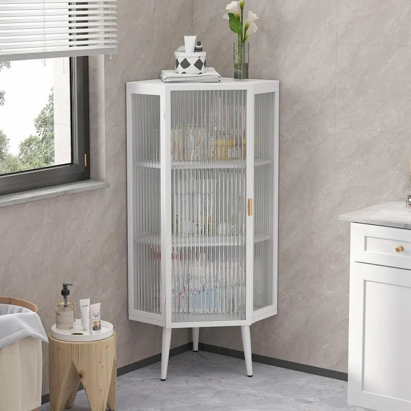 Meuble d'angle bas avec porte en verre trempé nervuré et 3 étagères intérieures