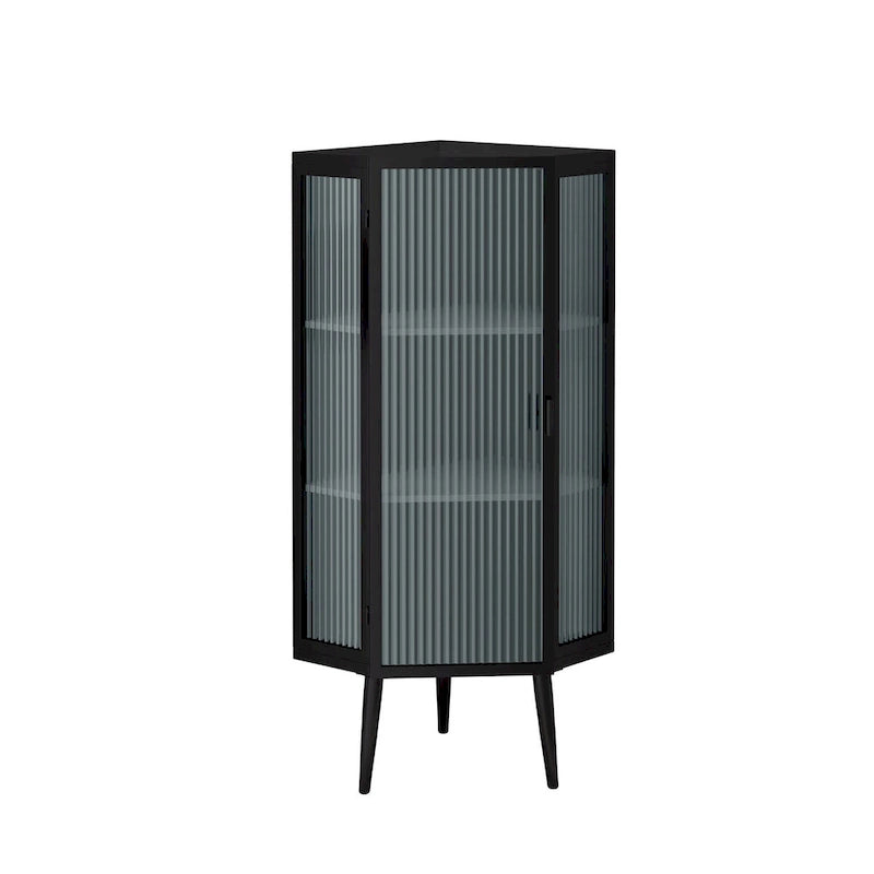 Meuble d'angle bas avec porte en verre trempé nervuré et 3 étagères intérieures