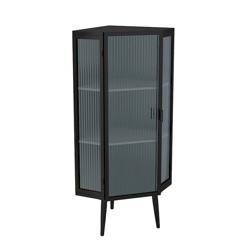 Meuble d'angle bas avec porte en verre trempé nervuré et 3 étagères intérieures
