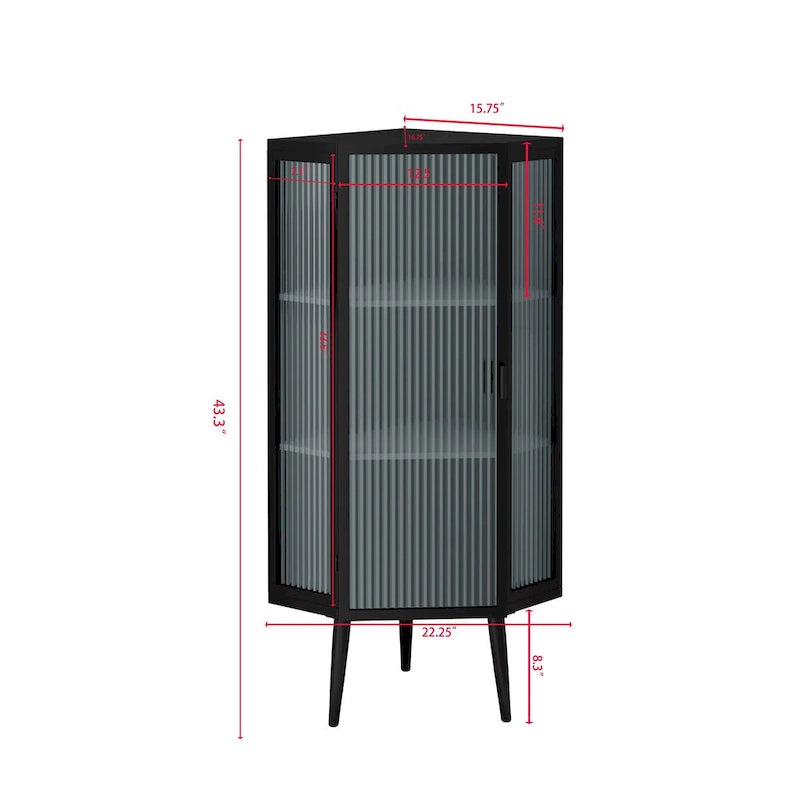 Meuble d'angle bas avec porte en verre trempé nervuré et 3 étagères intérieures