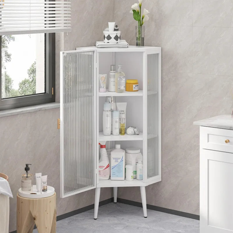 Meuble d'angle bas avec porte en verre trempé nervuré et 3 étagères intérieures