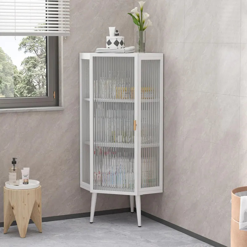 Meuble d'angle bas avec porte en verre trempé nervuré et 3 étagères intérieures