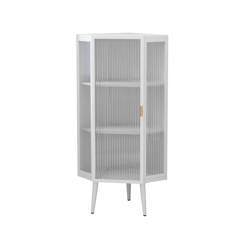 Meuble d'angle bas avec porte en verre trempé nervuré et 3 étagères intérieures