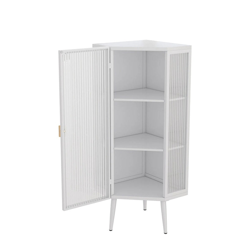 Meuble d'angle bas avec porte en verre trempé nervuré et 3 étagères intérieures