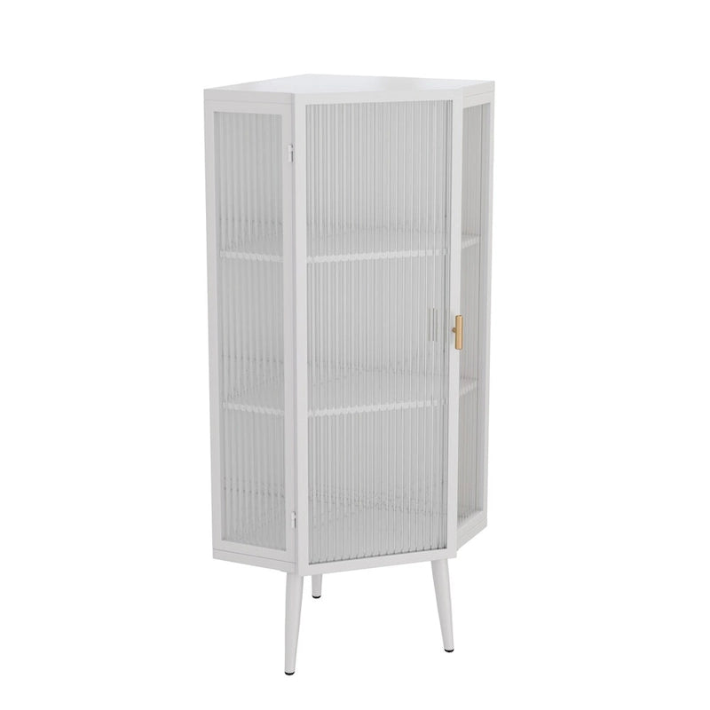 Meuble d'angle bas avec porte en verre trempé nervuré et 3 étagères intérieures