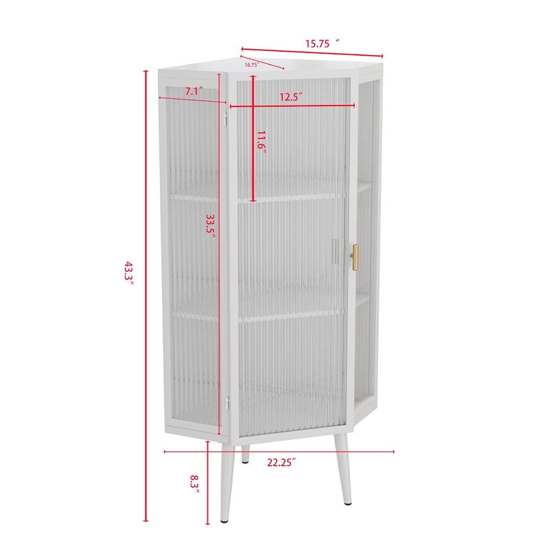 Meuble d'angle bas avec porte en verre trempé nervuré et 3 étagères intérieures