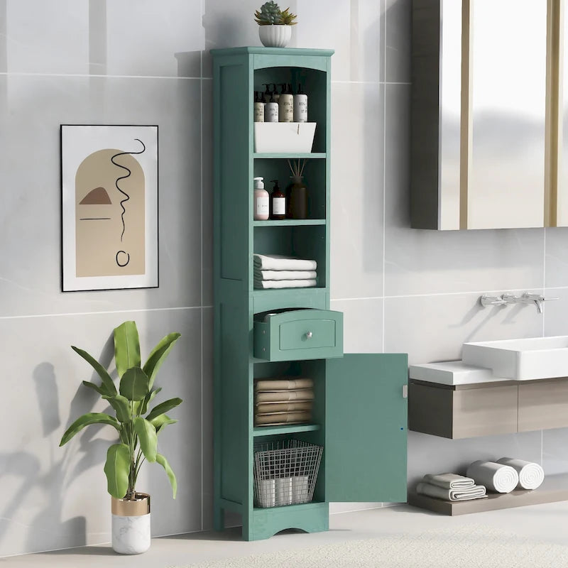 Meuble Colonne de Salle de Bain Étroit et Haut avec 3 Étagères Ouvertes, Tiroir et Porte