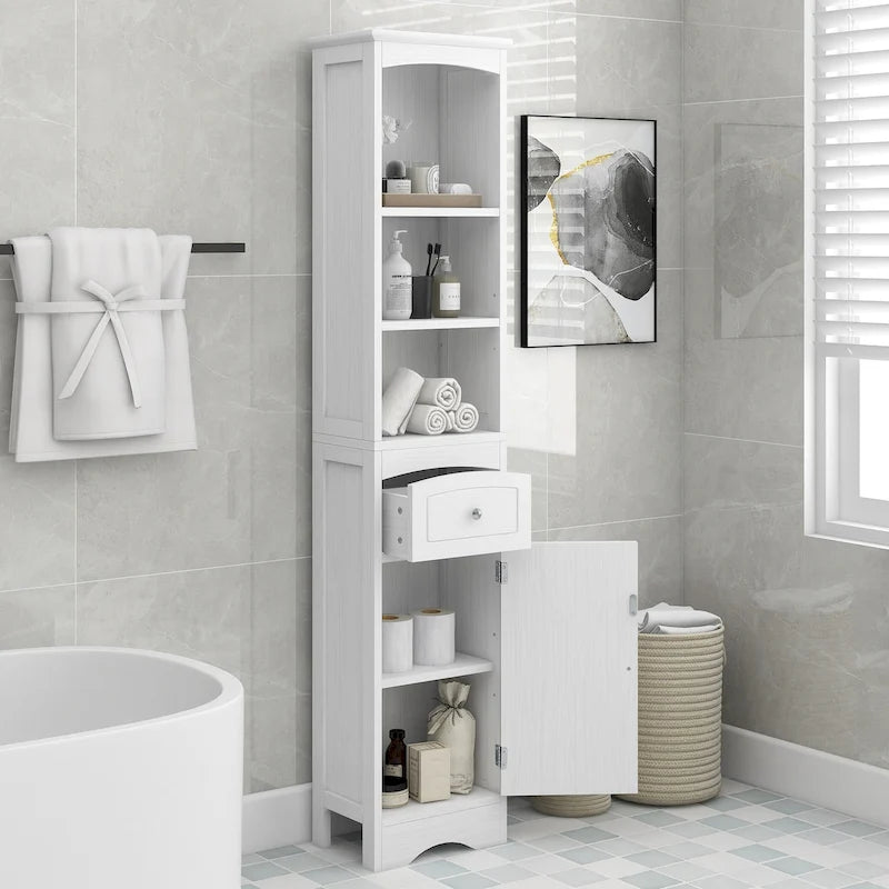 Meuble Colonne de Salle de Bain Étroit et Haut avec 3 Étagères Ouvertes, Tiroir et Porte