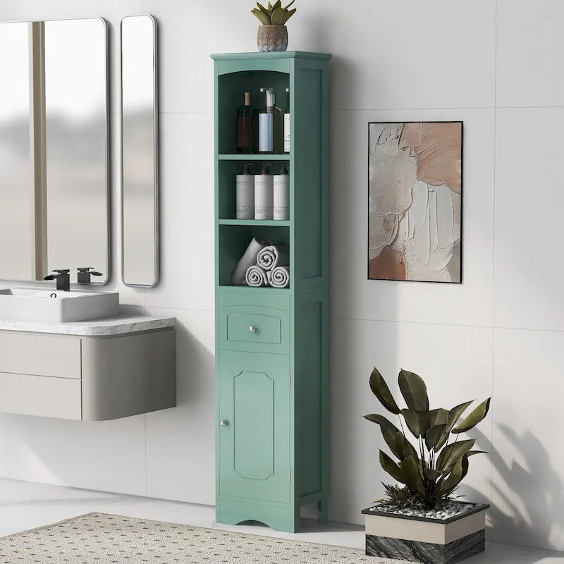 Meuble Colonne de Salle de Bain Étroit et Haut avec 3 Étagères Ouvertes, Tiroir et Porte
