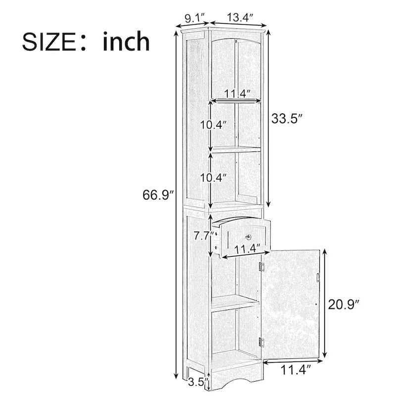 Meuble Colonne de Salle de Bain Étroit et Haut avec 3 Étagères Ouvertes, Tiroir et Porte