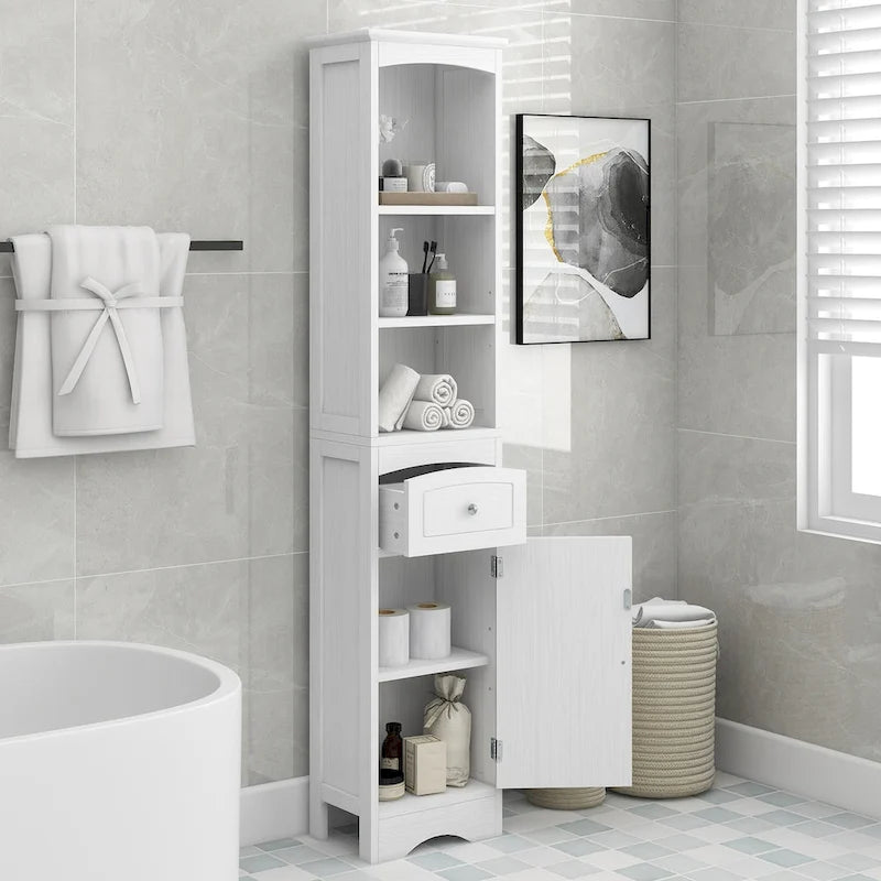 Meuble Colonne de Salle de Bain Étroit et Haut avec 3 Étagères Ouvertes, Tiroir et Porte