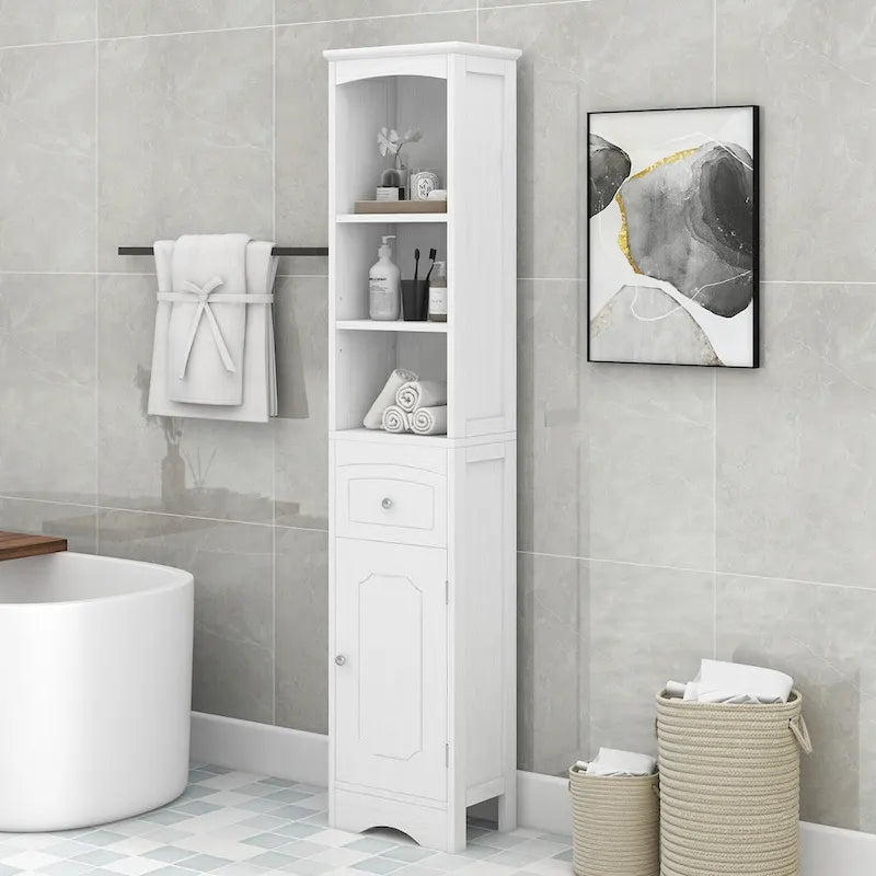 Meuble Colonne de Salle de Bain Étroit et Haut avec 3 Étagères Ouvertes, Tiroir et Porte