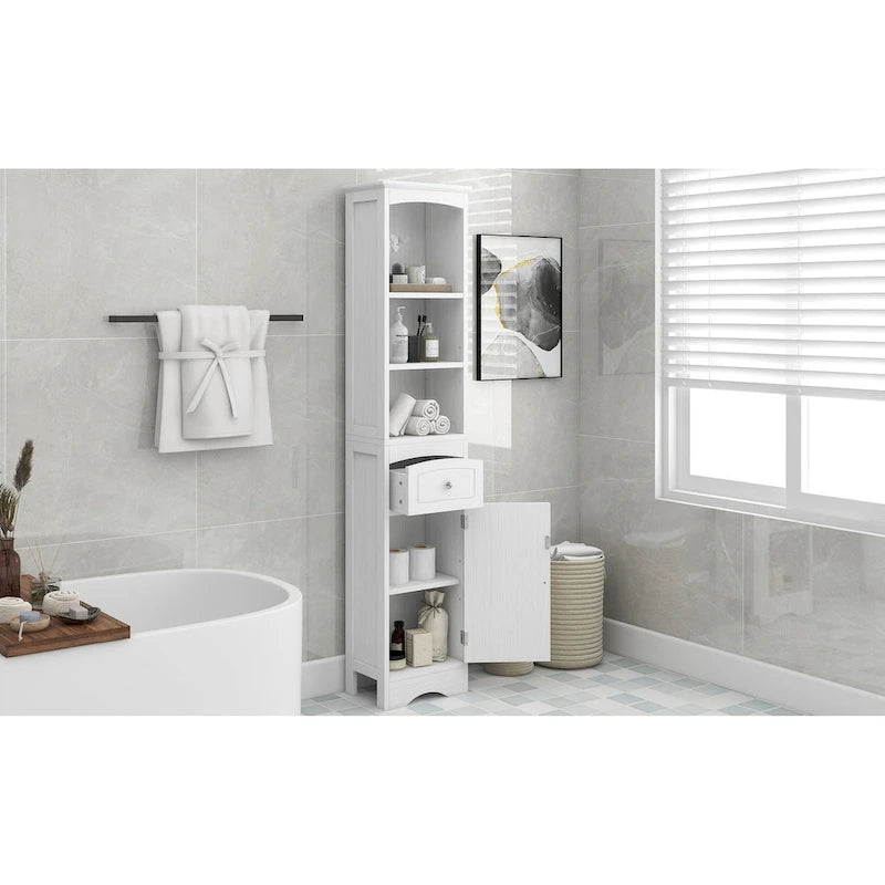 Meuble Colonne de Salle de Bain Étroit et Haut avec 3 Étagères Ouvertes, Tiroir et Porte
