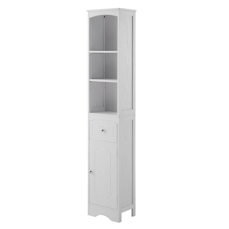 Meuble Colonne de Salle de Bain Étroit et Haut avec 3 Étagères Ouvertes, Tiroir et Porte